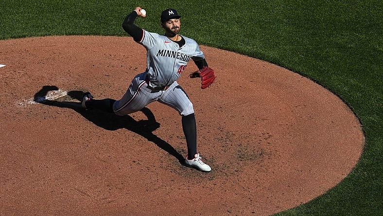 Mar 28, 2024; Kansas City, Missouri, USA; Minnesota Twins starting pitcher Pablo Lopez (49) pitches during the third inning against the Kansas City Royals at Kauffman Stadium. Mandatory Credit: Jay Biggerstaff-USA TODAY Sports