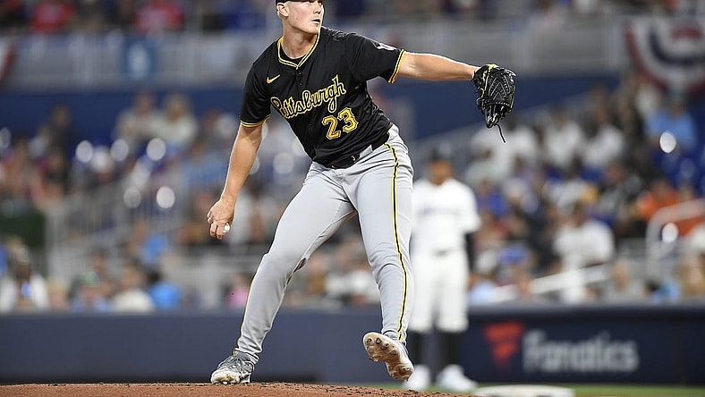 Mar 28, 2024; Miami, Florida, USA;  Pittsburgh Pirates starting pitcher Mitch Keller throws a pitch during the first inning against the Miami Marlins, at loanDepot Park. Mandatory Credit: Michael Laughlin-USA TODAY Sports