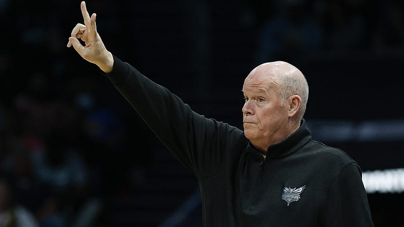 Mar 29, 2024; Charlotte, North Carolina, USA; Charlotte Hornets head coach Steve Clifford calls a play against the Golden State Warriors during the first quarter at Spectrum Center. Mandatory Credit: Nell Redmond-USA TODAY Sports