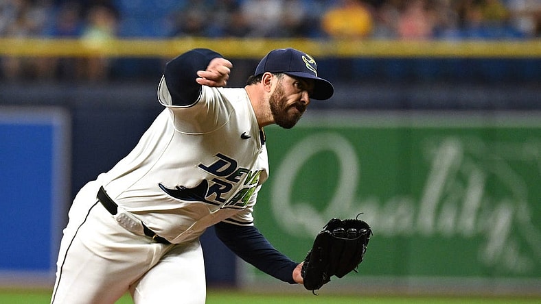 Mar 29, 2024; St. Petersburg, Florida, USA; Tampa Bay Rays starting pitcher Aaron Civale (34) throws a pitch in the first inning of the game against the Toronto Blue Jays at Tropicana Field. Mandatory Credit: Jonathan Dyer-USA TODAY Sports