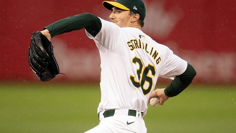 Mar 29, 2024; Oakland, California, USA; Oakland Athletics starting pitcher Ross Stripling (36) delivers a pitch against the Cleveland Guardians during the first inning at Oakland-Alameda County Coliseum. Mandatory Credit: D. Ross Cameron-USA TODAY Sports