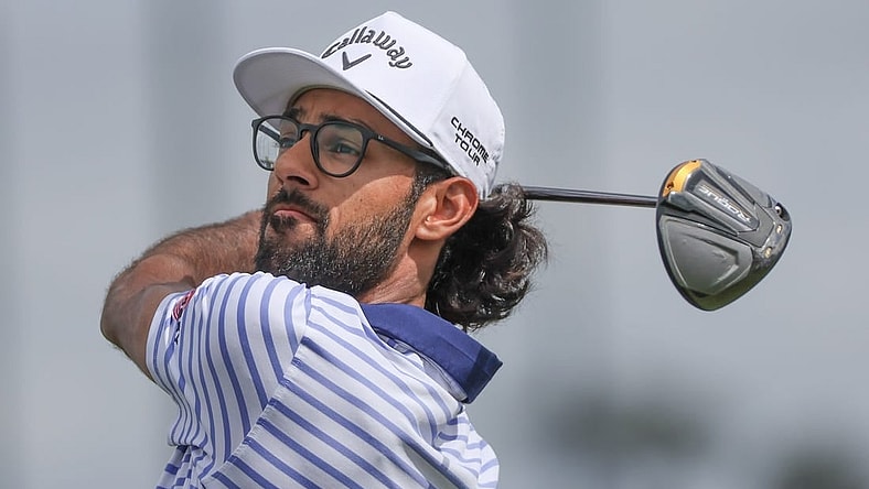 Mar 30, 2024; Houston, Texas, USA; Akshay Bhatia (USA) drives off the first tee during the third round of the Texas Children's Houston Open golf tournament. Mandatory Credit: Thomas Shea-USA TODAY Sports