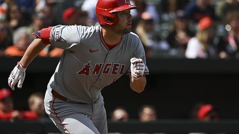 Mar 31, 2024; Baltimore, Maryland, USA;  Los Angeles Angels first baseman Nolan Schanuel (18) runs out a first inning single against the Baltimore Orioles at Oriole Park at Camden Yards. Mandatory Credit: Tommy Gilligan-USA TODAY Sports