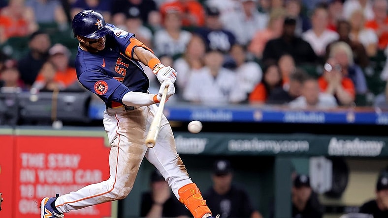 Mar 31, 2024; Houston, Texas, USA; Houston Astros shortstop Jeremy Pena (3) hits a single to right field against the New York Yankees during the ninth inning at Minute Maid Park. Mandatory Credit: Erik Williams-USA TODAY Sports