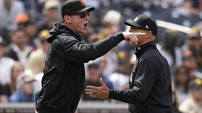 Mar 31, 2024; San Diego, California, USA; San Francisco Giants manager Bob Melvin (6) argues a call during the fourth inning against the San Diego Padres at Petco Park. Mandatory Credit: Ray Acevedo-USA TODAY Sports