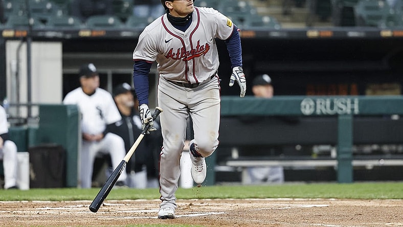 Apr 1, 2024; Chicago, Illinois, USA; Atlanta Braves third baseman Austin Riley (27) watches his three-run home run against the Chicago White Sox during the eight inning at Guaranteed Rate Field. Mandatory Credit: Kamil Krzaczynski-USA TODAY Sports