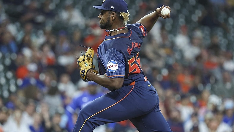 Apr 1, 2024; Houston, Texas, USA; Houston Astros starting pitcher Ronel Blanco (56) delivers a pitch during the first inning against the Toronto Blue Jays at Minute Maid Park. Mandatory Credit: Troy Taormina-USA TODAY Sports
