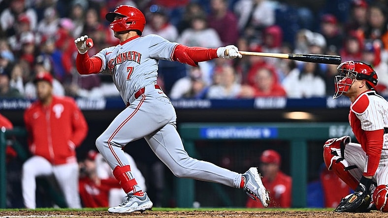 Apr 1, 2024; Philadelphia, Pennsylvania, USA; Cincinnati Reds outfielder Spencer Steer (7) hits a grand slam against the Philadelphia Phillies in the tenth inning at Citizens Bank Park. Mandatory Credit: Kyle Ross-USA TODAY Sports