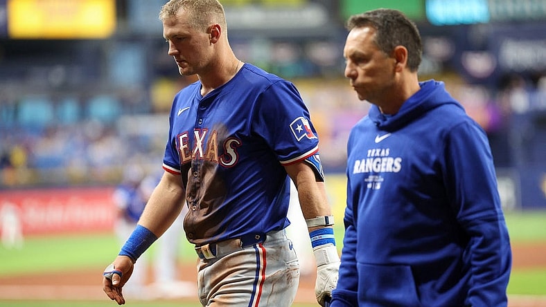 Apr 1, 2024; St. Petersburg, Florida, USA;  Texas Rangers third baseman Josh Jung (6) leaves the game against the Tampa Bay Rays in the ninth inning at Tropicana Field. Mandatory Credit: Nathan Ray Seebeck-USA TODAY Sports
