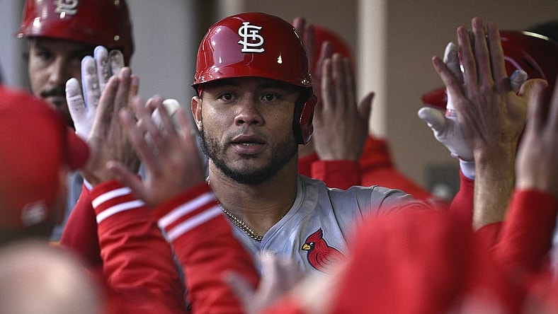Apr 1, 2024; San Diego, California, USA; St. Louis Cardinals catcher Willson Contreras (40) is congratulated in the dugout after hitting a two-run home run against the San Diego Padres during the first inning at Petco Park. Mandatory Credit: Orlando Ramirez-USA TODAY Sports