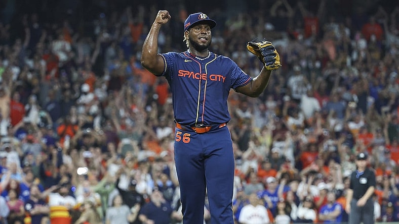 Apr 1, 2024; Houston, Texas, USA; Houston Astros starting pitcher Ronel Blanco (56) reacts after pitching a no-hitter against the Toronto Blue Jays at Minute Maid Park. Mandatory Credit: Troy Taormina-USA TODAY Sports