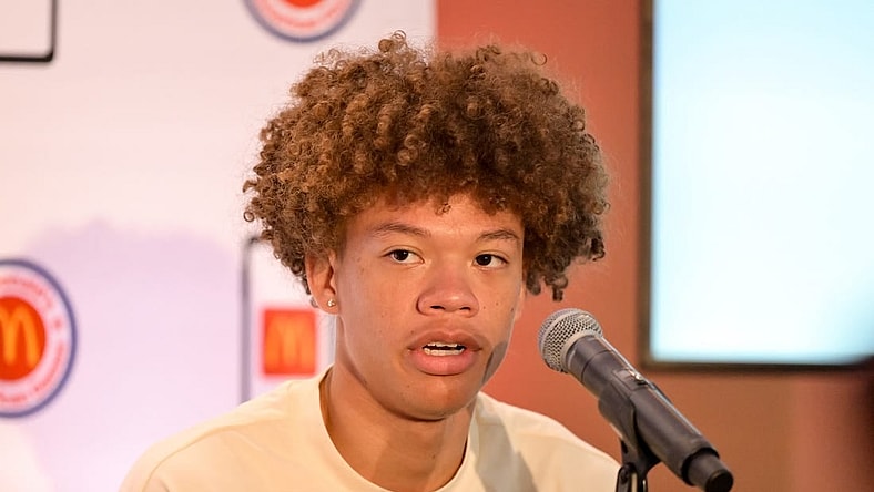Apr 1, 2024; Houston, TX, USA; McDonald's All American West guard Trent Perry speaks during a press conference at JW Marriott Houston by The Galleria. Mandatory Credit: Maria Lysaker-USA TODAY Sports