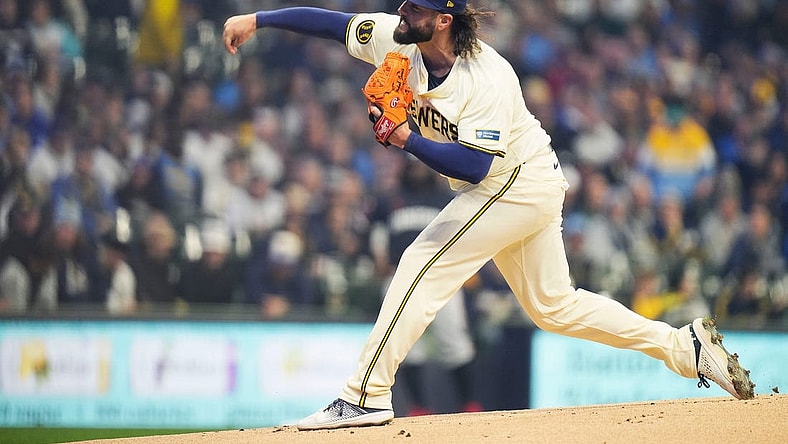 Milwaukee Brewers starting pitcher Jakob Junis (35) pitches during the first inning of the game against the Minnesota Twins on Tuesday April 2, 2024 at American Family Field in Milwaukee, Wis.