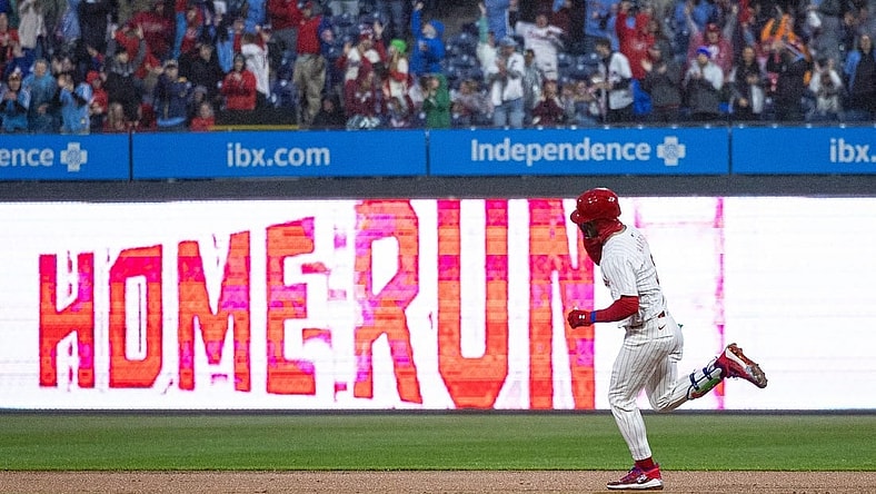 Apr 2, 2024; Philadelphia, Pennsylvania, USA; Philadelphia Phillies first baseman Bryce Harper (3) runs the bases after hitting a home run during the first inning against the Cincinnati Reds at Citizens Bank Park. Mandatory Credit: Bill Streicher-USA TODAY Sports
