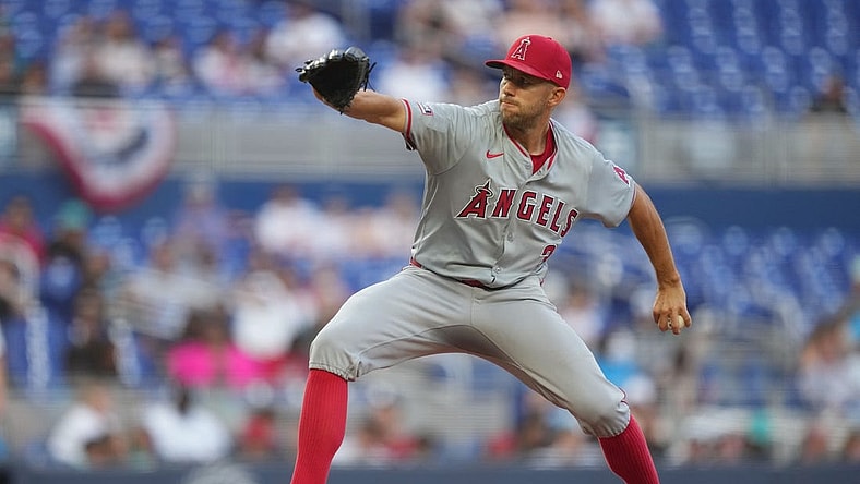 Apr 2, 2024; Miami, Florida, USA; Los Angeles Angels starting pitcher Tyler Anderson (31) pitches in the first inning against the Miami Marlins at loanDepot Park. Mandatory Credit: Jim Rassol-USA TODAY Sports