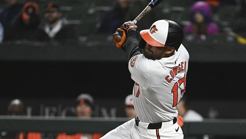 Apr 2, 2024; Baltimore, Maryland, USA; Baltimore Orioles outfielder Colton Cowser swings through a third inning rbi double against the Kansas City Royals  at Oriole Park at Camden Yards. Mandatory Credit: Tommy Gilligan-USA TODAY Sports