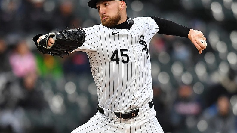 Apr 2, 2024; Chicago, Illinois, USA; Chicago White Sox starting pitcher Garrett Crochet (45) pitches during the first inning against the Atlanta Braves at Guaranteed Rate Field. Mandatory Credit: Patrick Gorski-USA TODAY Sports