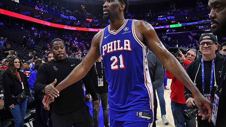 Apr 2, 2024; Philadelphia, Pennsylvania, USA; Philadelphia 76ers center Joel Embiid (21) walks off the court after win against the Oklahoma City Thunder at Wells Fargo Center. Mandatory Credit: Eric Hartline-USA TODAY Sports