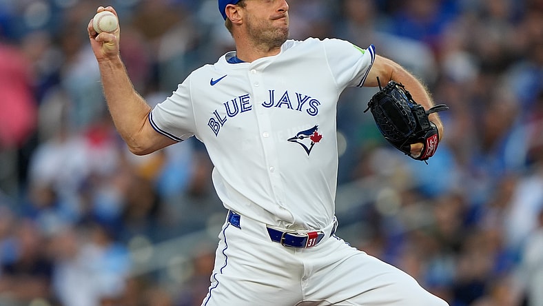 Toronto Blue Jays starting pitcher Max Scherzer throws a pitch against the Minnesota Twins