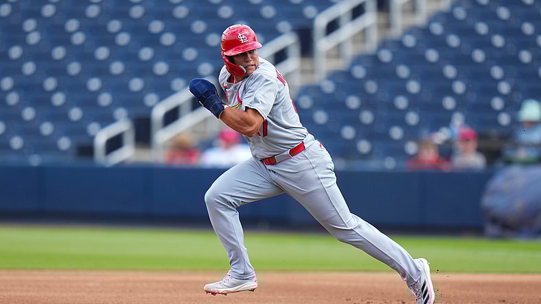 St. Louis Cardinals infielder JJ Wetherholt runs the bases during a Spring Training game against the Houston Astros. Rich Storry-Imagn Images