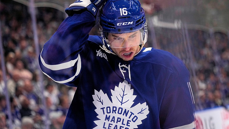 Maple Leafs Forward Mitch Marner reacts during playoff loss against Florida Panthers