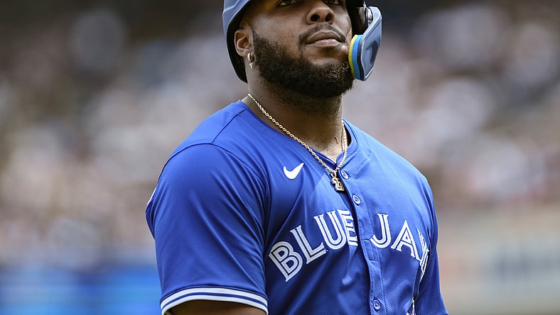 MLB: Vladimir Guerrero Jr. , Toronto Blue Jays, looks on after at-bat vs. New York Yankees
