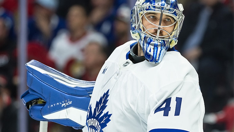 NHL: Anthony Stolarz looks on from the Toronto net, Stanley Cup Playoffs-Toronto Maple Leafs at Ottawa Senators