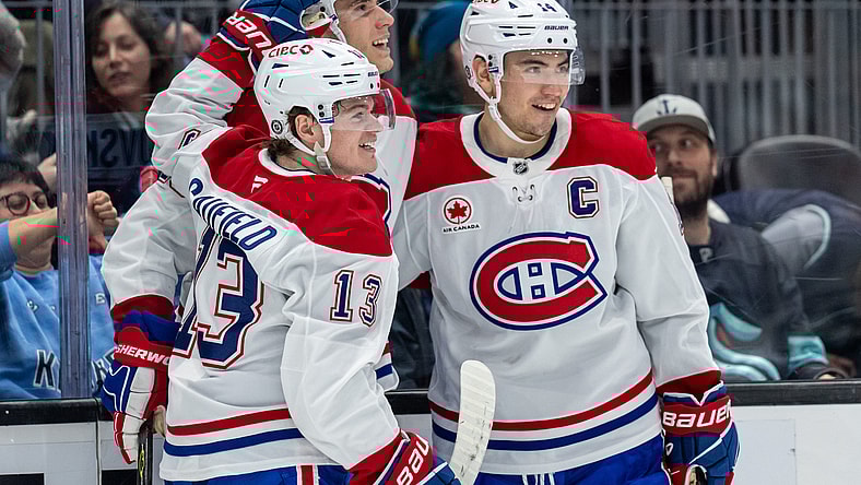 NHL: Montreal Canadiens at Seattle Kraken, juraj slafkovsky, cole caufield, juraj slafkovsky