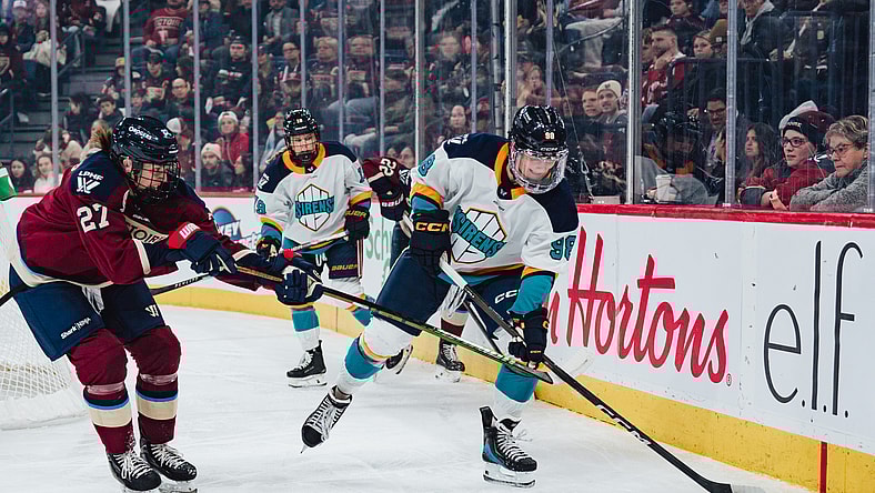 New York Sirens No. 1 overall pick Kristyna Kaltounkova carries the puck against the Montreal Victoire.