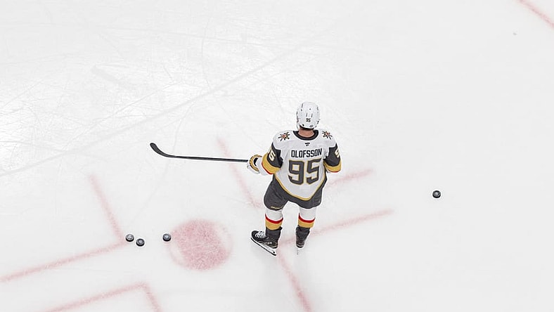 COLUMBUS, OH - MARCH 13: Vegas Golden Knights right wing Victor Olofsson (95) is on the ice before the game between the Vegas Golden Knights and the Columbus Blue Jackets on March 13th, 2025 at Nationwide Arena in Columbus, OH. (Photo by Michael Brown/Icon Sportswire)