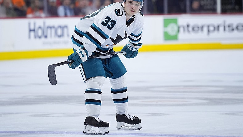 San Jose Sharks' Calen Addison plays during an NHL hockey game, Tuesday, March 12, 2024, in Philadelphia. (AP Photo/Matt Slocum)