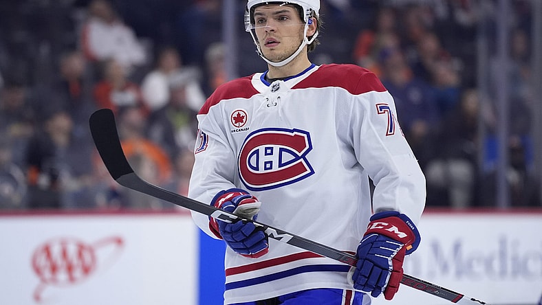 Montreal Canadiens' Jake Evans plays during an NHL hockey game, Sunday, Oct. 27, 2024, in Philadelphia. (AP Photo/Matt Slocum)