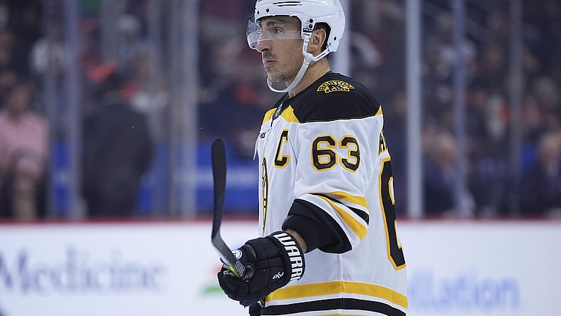 Boston Bruins' Brad Marchand plays during an NHL hockey game, Saturday, Nov. 2, 2024, in Philadelphia. (AP Photo/Matt Slocum)