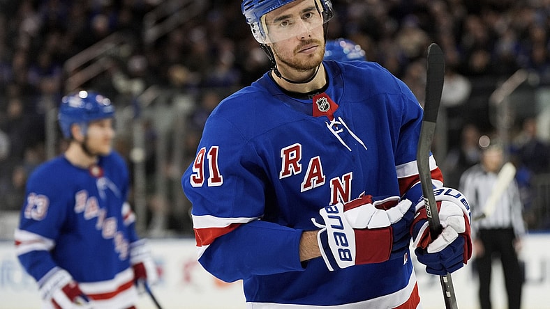 New York Rangers right wing Reilly Smith skates during an NHL hockey game against the St. Louis Blues, Monday, Nov. 25, 2024, in New York. The Blues won 5-2. (AP Photo/Julia Demaree Nikhinson)