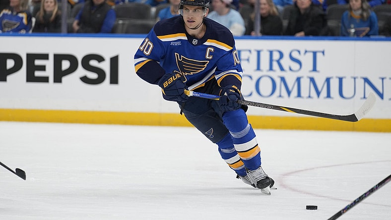 St. Louis Blues' Brayden Schenn in action during the third period of an NHL hockey game against the New Jersey Devils Tuesday, Dec. 17, 2024, in St. Louis. (AP Photo/Jeff Roberson)