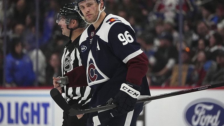 Colorado Avalanche right wing Mikko Rantanen (96) in the second period of an NHL hockey game Monday, Jan. 20, 2025, in Denver. (AP Photo/David Zalubowski)