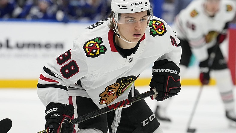 Chicago Blackhawks center Connor Bedard (98) against the Tampa Bay Lightning during the third period of an NHL hockey game Tuesday, Jan. 28, 2025, in Tampa, Fla. (AP Photo/Chris O'Meara)