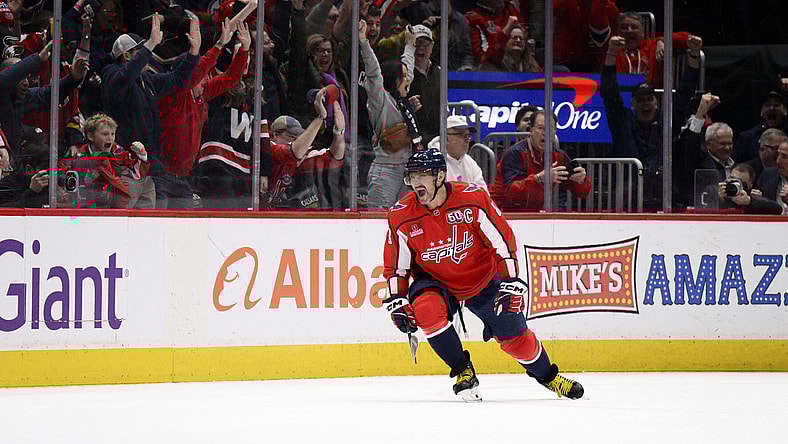 Washington Capitals left wing Alex Ovechkin celebrates after his goal during the second period of an NHL hockey game against the Edmonton Oilers, Sunday, Feb. 23, 2025, in Washington. (AP Photo/Nick Wass)