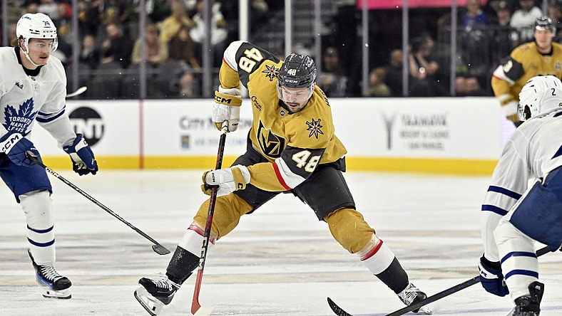 Vegas Golden Knights center Tomas Hertl (48) handles the puck against the Toronto Maple Leafs during the second period of an NHL hockey game Wednesday, March 5, 2025, in Las Vegas. (AP Photo/David Becker)