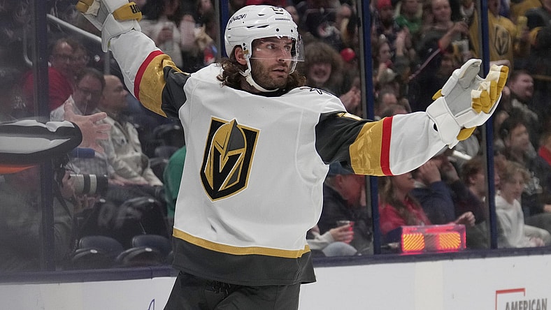 Vegas Golden Knights left wing Brandon Saad (20) celebrates his goal in the first period of an NHL hockey game against the Columbus Blue Jackets, Thursday, March 13, 2025, in Columbus, Ohio. (AP Photo/Sue Ogrocki)