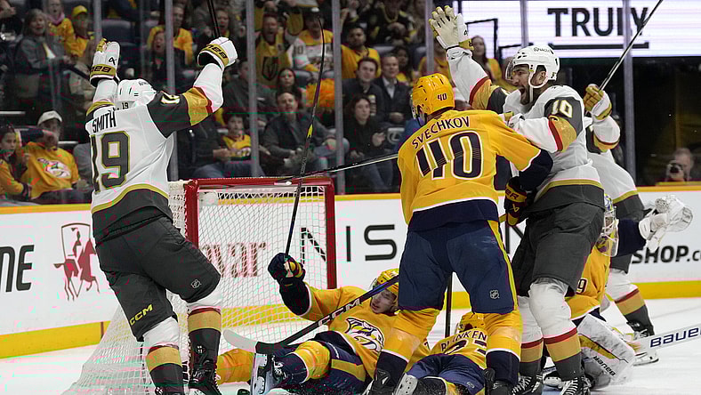 Vegas Golden Knights right wing Reilly Smith (19) scores against the Nashville Predators during the third period of an NHL hockey game Saturday, March 29, 2025, in Nashville, Tenn. (AP Photo/Mark Humphrey)