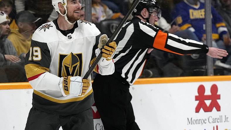 Vegas Golden Knights right wing Reilly Smith (19) celebrates after scoring against the Nashville Predators during the third period of an NHL hockey game Saturday, March 29, 2025, in Nashville, Tenn. (AP Photo/Mark Humphrey)