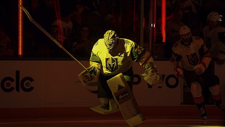 Vegas Golden Knights goalie Adin Hill skates onto the ice before an NHL hockey game against the Vancouver Canucks in Vancouver, British Columbia, Sunday, April 6, 2025. (Darryl Dyck/The Canadian Press via AP)