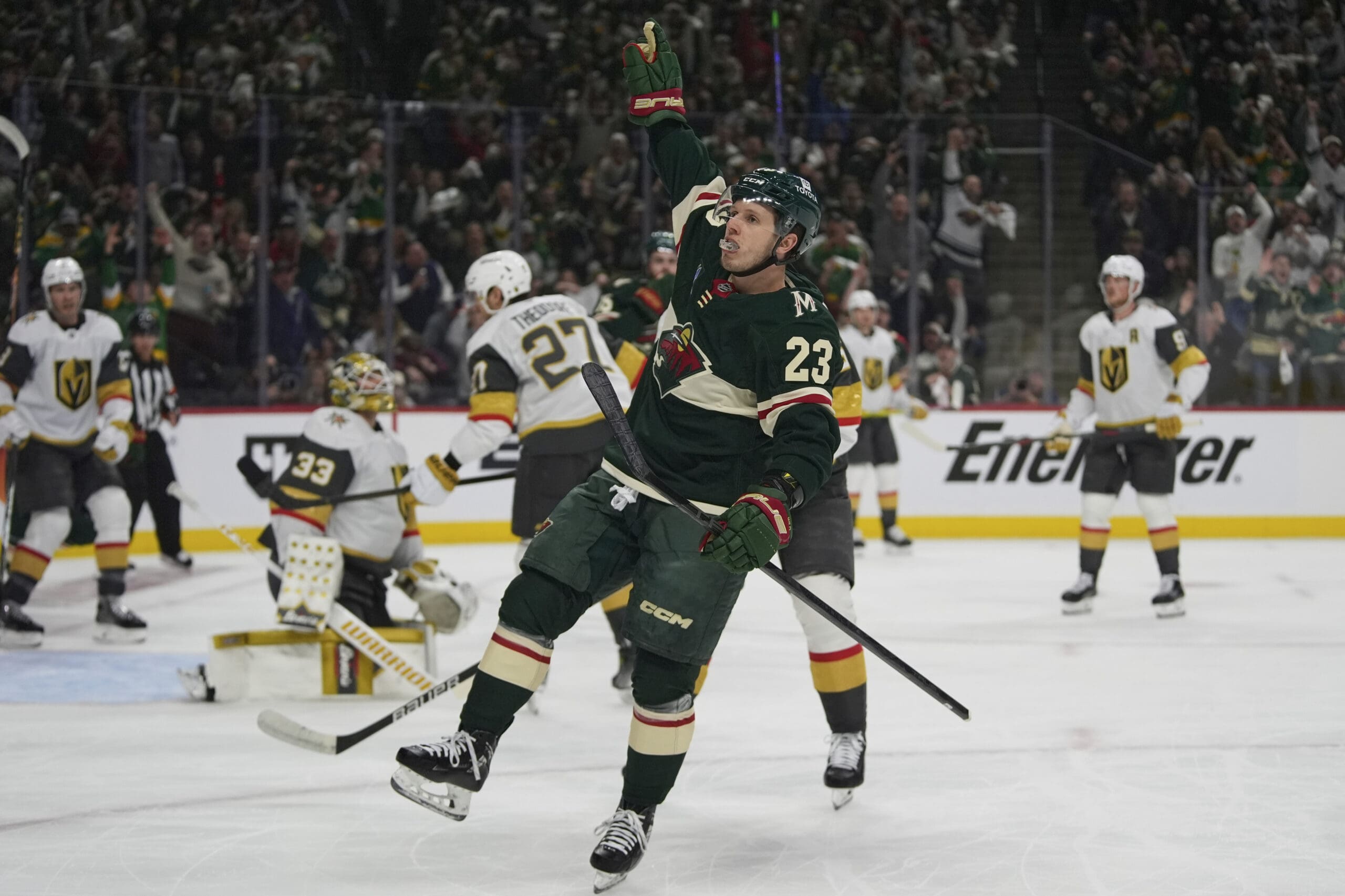 Minnesota Wild center Marco Rossi (23) celebrates after scoring during the first period of Game 3 of a first-round NHL hockey playoff series against the Vegas Golden Knights, Thursday, April 24, 2025, in St. Paul, Minn. (AP Photo/Abbie Parr)