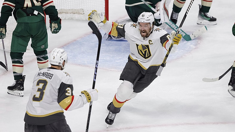 Vegas Golden Knights right wing Mark Stone (61) celebrates after scoring against Minnesota Wild goaltender Filip Gustavsson during the third period of Game 6 of a first-round NHL hockey playoff series Thursday, May 1, 2025, in St. Paul, Minn. (AP Photo/Bailey Hillesheim)