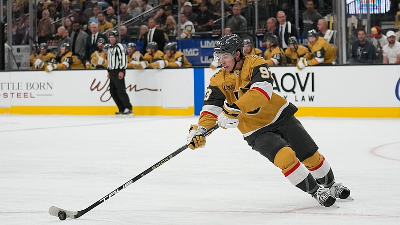 Vegas Golden Knights right wing Mitch Marner (93) plays against the Los Angeles Kings during an NHL hockey game Wednesday, Oct. 8, 2025, in Las Vegas. (AP Photo/John Locher)