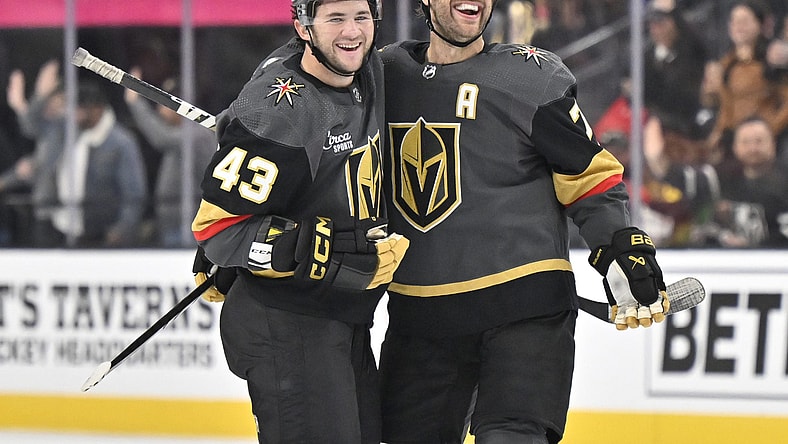 Vegas Golden Knights players Paul Cotter and Alex Peitrangelo celebrate a goal 10/30/23 at T-Mobile Arena