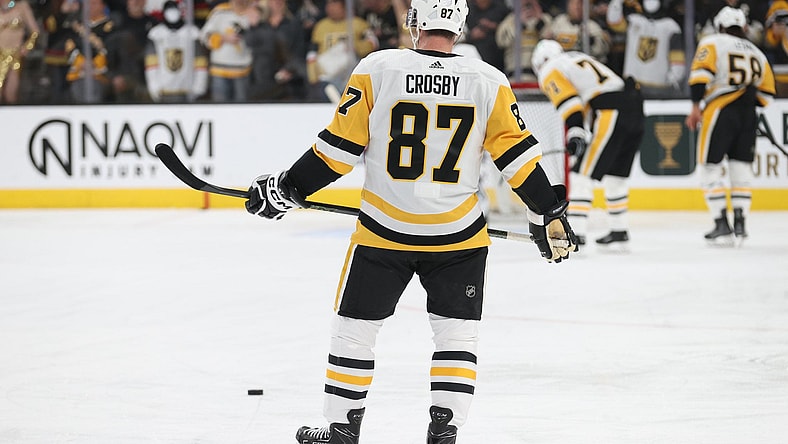 Sidney Crosby takes warmups before the Penguins vs. Golden Knights game 1/20/24