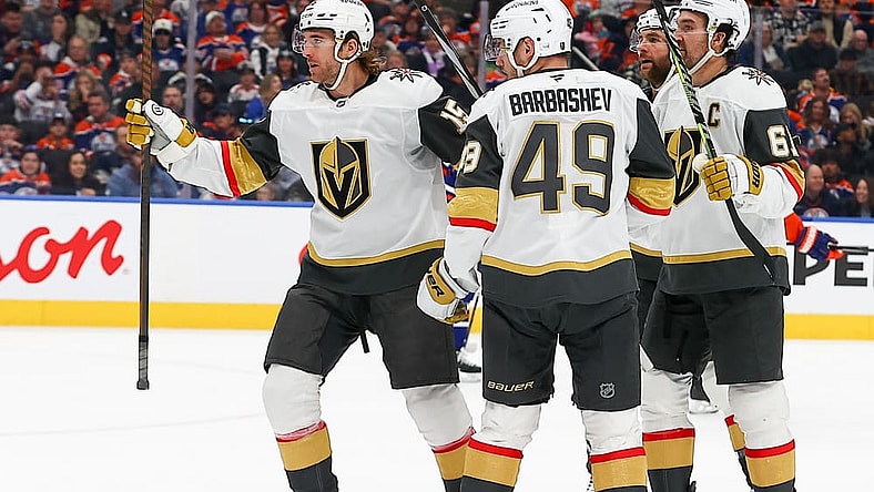 EDMONTON, AB - DECEMBER 14: Las Vegas Golden Knights Center Ivan Barbashev (49) celebrates his goal in the second period of the Edmonton Oilers game versus the Las Vegas Golden Knights on December 14, 2024 at Rogers Place in Edmonton, AB. (Photo by Curtis Comeau/Icon Sportswire)
