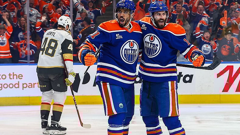 EDMONTON, AB - MAY 12: Edmonton Oilers Center Adam Henrique (19) celebrates his goal in the first period of the Stanley Cup Playoffs Second Round Edmonton Oilers game versus the Las Vegas Golden Knights on May 12, 2025 at Rogers Place in Edmonton, AB. (Photo by Curtis Comeau/Icon Sportswear)